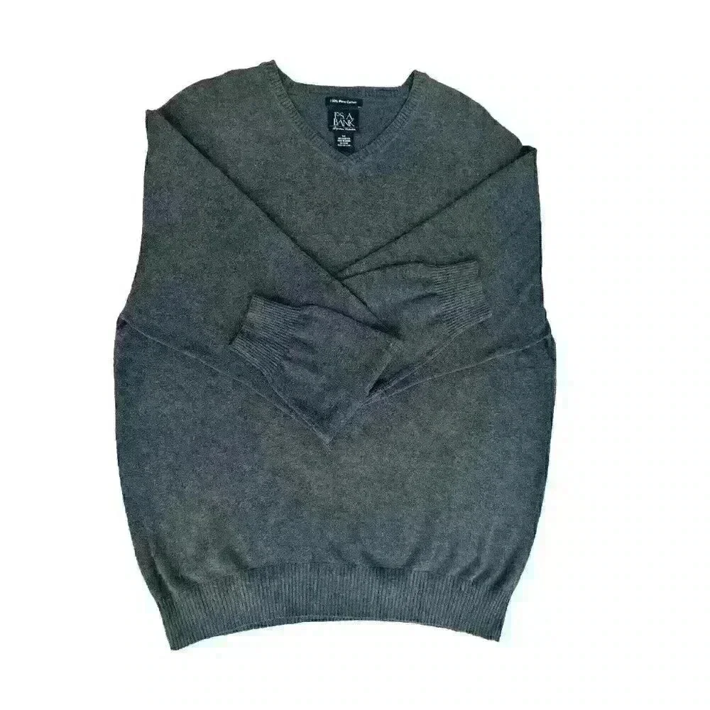 JoS A. Bank | Men’s Medium V-Neck Grey Gray Sweater 100% Pima Cotton Lightweight